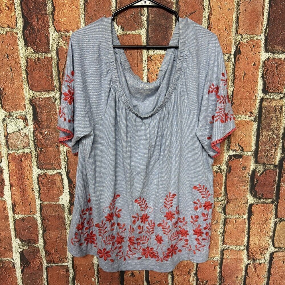 Talbots Womens Blouse 2X Plus Floral Blue Embroidered Shirt Top Short Sleeve